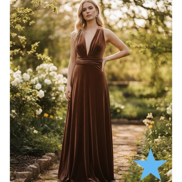 REVELRY Dylan Terracotta Brown Velvet Maxi Event Formal Dress Size 8 NWT Deep V - Picture 3 of 15